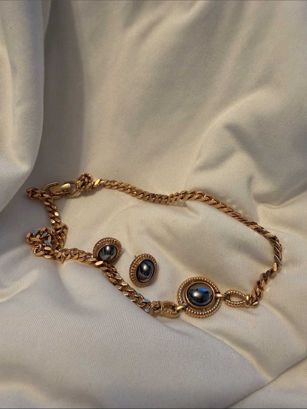 Louis Feraud Paris Gold vintage Tone Necklace Earring Set with Cabochons
